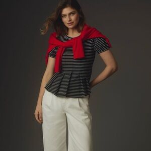 Maeve by Anthropologie Black & White Striped Corset Peplum Top